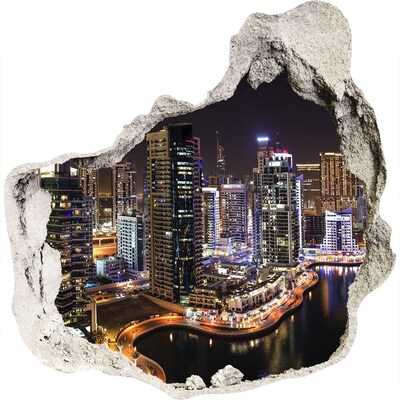 Zelfklevende muursticker 3D gat Nachtpanorama van Dubai