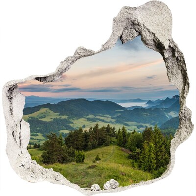 3D muursticker effect gat in de muur Berglandschap bij zonsopgang