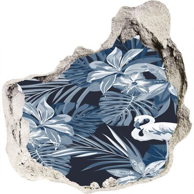 3D muursticker effect gat in de muur Tropisch paradijs met flamingo's