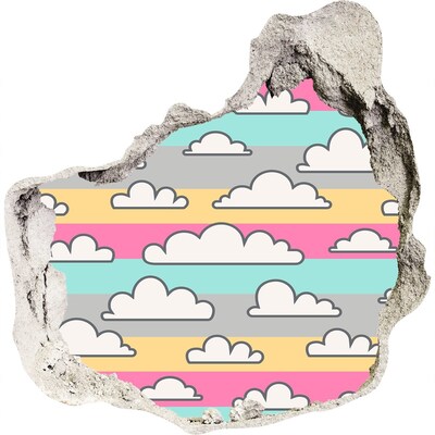 3D muursticker effect gat in de muur Kleurrijke wolken op een gestreepte achtergrond
