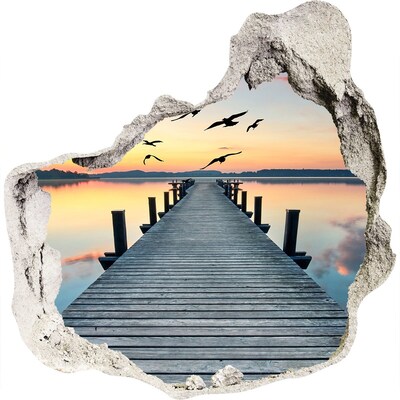 Zelfklevende muursticker 3D gat Zonsondergang boven het meer