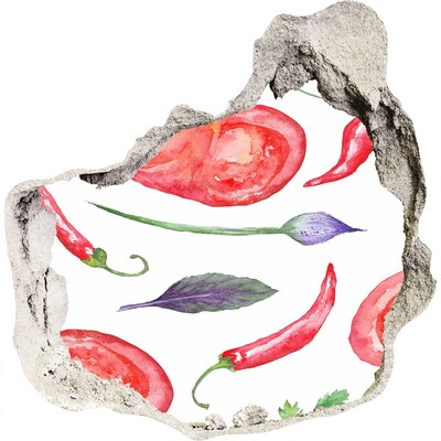 3D muursticker effect gat in de muur Fruit en groenten in een gat in de muur