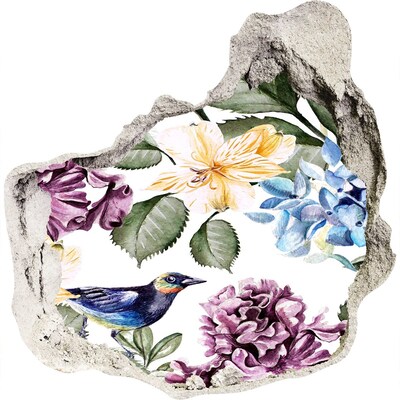 3D wandsticker gat in de muur Bloemenparadijs met een vogel