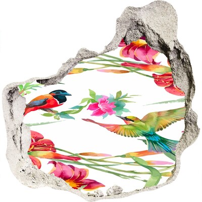 Zelfklevende muursticker 3D gat Een tropisch paradijs met vogels en bloemen.
