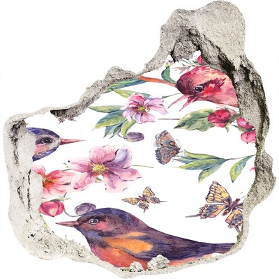 3D muursticker effect gat in de muur Een bloemenparadijs met vogels en vlinders.