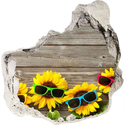 3D wandsticker gat in de muur Zonnebloemen met zonnebrillen