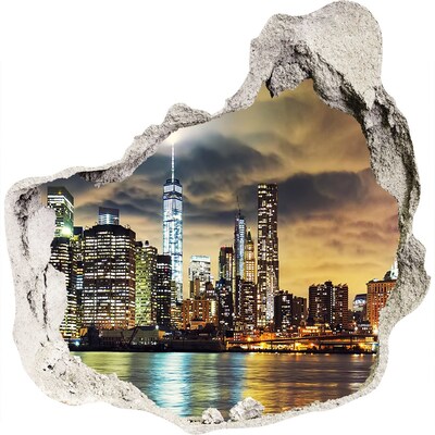 3D wandsticker gat in de muur De skyline van New York 's nachts