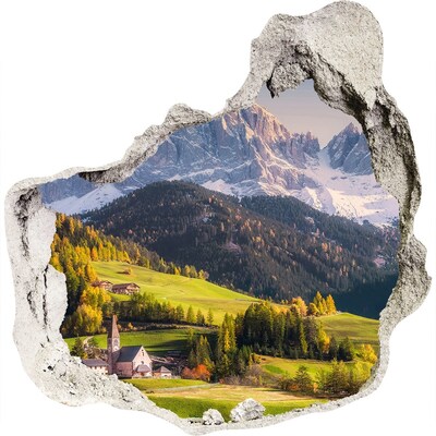 Zelfklevende muursticker 3D gat Een bergdal met een pittoresk dorpje