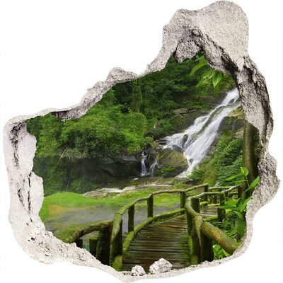 3D muursticker effect gat in de muur Tropische waterval in de jungle