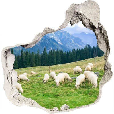 3D muursticker effect gat in de muur Berglandschap met schapen