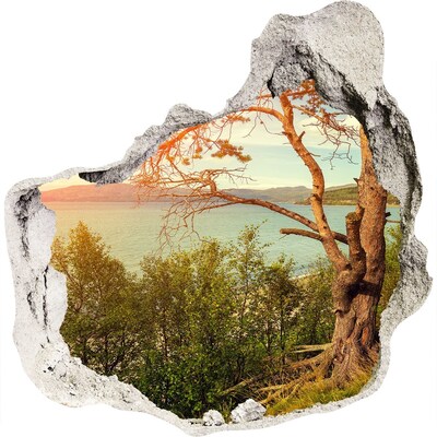 Zelfklevende muursticker 3D gat Uitzicht op het meer met een boom
