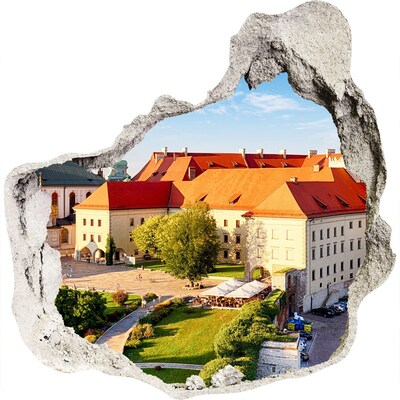 3D muursticker effect gat in de muur Een kasteel in een pittoreske omgeving
