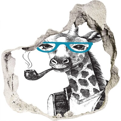 Zelfklevende muursticker 3D gat Giraffe met bril en pijp