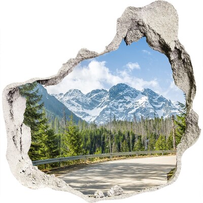 3D muursticker effect gat in de muur Berglandschap achter het gat in de muur