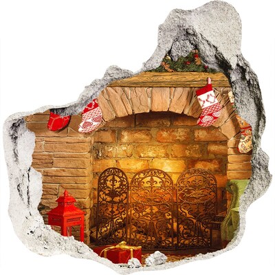 Zelfklevende muursticker 3D gat Een open haard met een kerstsfeer.