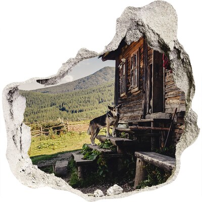 3D muursticker effect gat in de muur Een verloren huisje in de bergen
