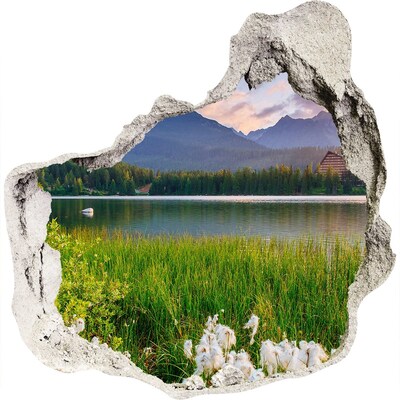 3D muursticker effect gat in de muur Berglandschap aan het meer