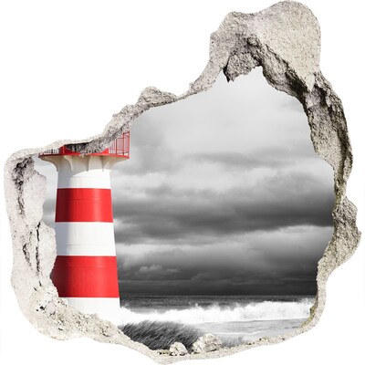 3D muursticker effect gat in de muur Een vuurtoren in een stormachtige omgeving