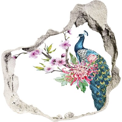 Zelfklevende muursticker 3D gat Pauw tussen de bloemen