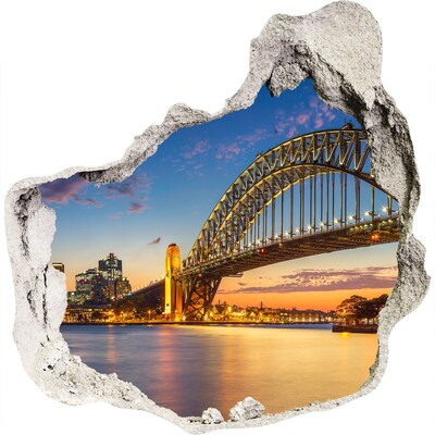 3D wandsticker gat in de muur Sydney Bridge bij zonsondergang