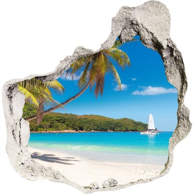 3D muursticker effect gat in de muur Tropisch strand met palmbomen