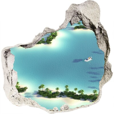 Zelfklevende muursticker 3D gat Een tropische oase met uitzicht op zee.