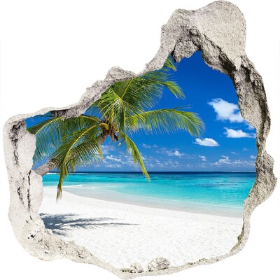 3D muursticker effect gat in de muur Tropisch strand met palmbomen
