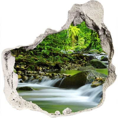Zelfklevende muursticker 3D gat Waterval in het tropisch regenwoud