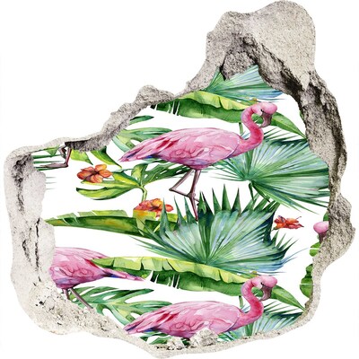 3D muursticker effect gat in de muur Paradijselijke oase met flamingo's