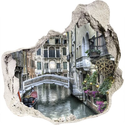3D muursticker effect gat in de muur Venetië met uitzicht op een kanaal