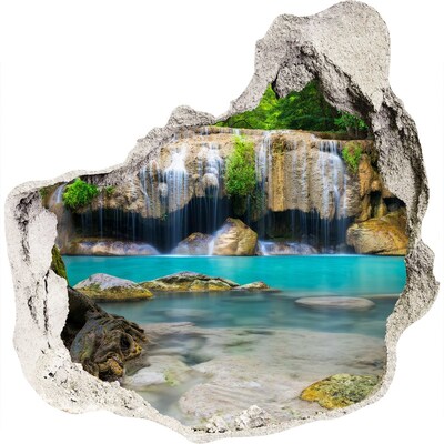 3D muursticker effect gat in de muur Een waterval in een tropisch paradijs