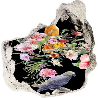 3D wandsticker gat in de muur Een bloemenparadijs met een papegaai