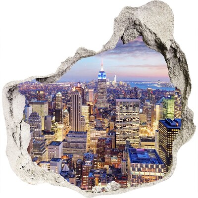 Zelfklevende muursticker 3D gat De skyline van New York 's nachts