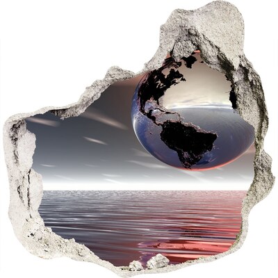 3D muursticker effect gat in de muur Een gebroken realiteit met uitzicht op de oceaan.