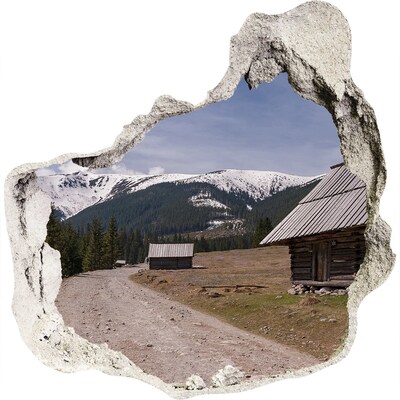 Zelfklevende muursticker 3D gat Berglandschap met hutten