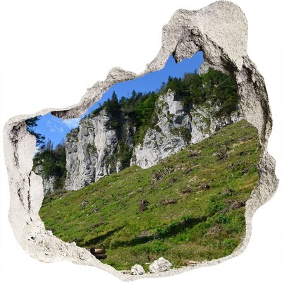 3D muursticker effect gat in de muur Berglandschap door een gat in de muur