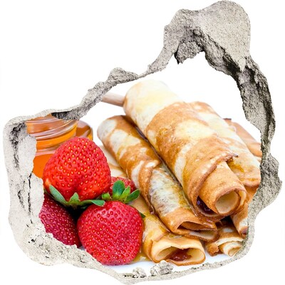 3D muursticker effect gat in de muur Heerlijke pannenkoeken met aardbeien