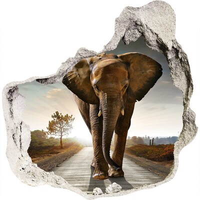 3D wandsticker gat in de muur Olifant op de weg in de jungle