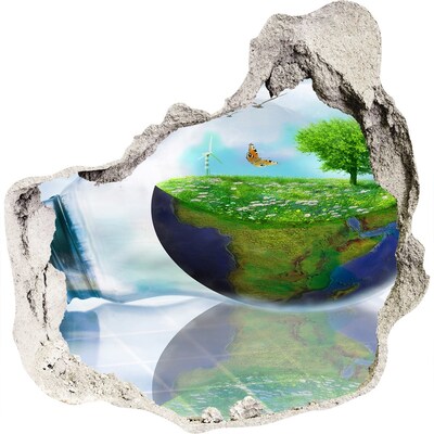 Zelfklevende muursticker 3D gat Groene Planeet door een gat in de muur