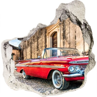 3D muursticker effect gat in de muur Een klassieke cabriolet in een pittoreske omgeving.