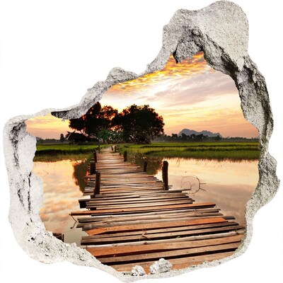 Zelfklevende muursticker 3D gat Zonsondergang boven het meer