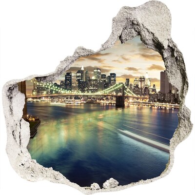 3D muursticker effect gat in de muur Brooklyn Bridge bij zonsondergang