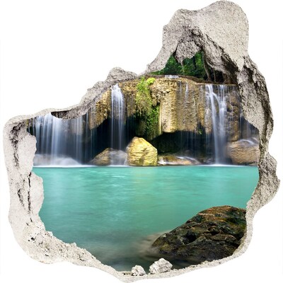 3D wandsticker gat in de muur Een waterval in een paradijselijke omgeving