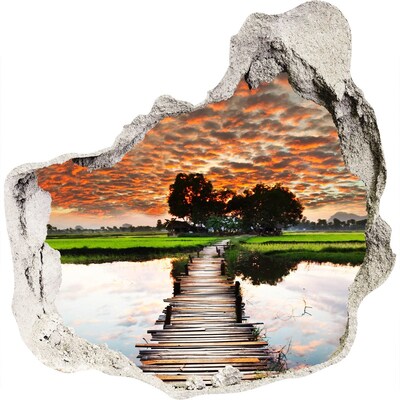 Zelfklevende muursticker 3D gat Zonsondergang boven de vijver