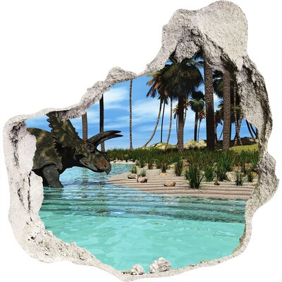 Zelfklevende muursticker 3D gat Dinosaurus in een tropisch paradijs