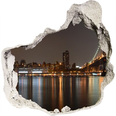 3D muursticker effect gat in de muur Uitzicht op New York 's nachts