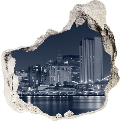 Zelfklevende muursticker 3D gat De skyline van New York door een gat in de muur.