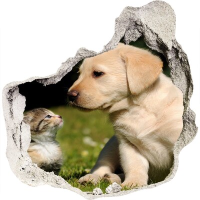 3D muursticker effect gat in de muur Vriendschap tussen hond en kat