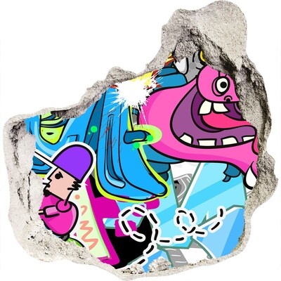 3D wandsticker gat in de muur Een kleurrijke muurschildering met figuren en graffiti.