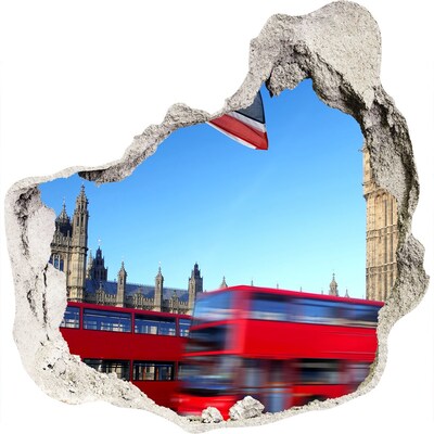 3D muursticker effect gat in de muur De skyline van Londen met een rode bus.